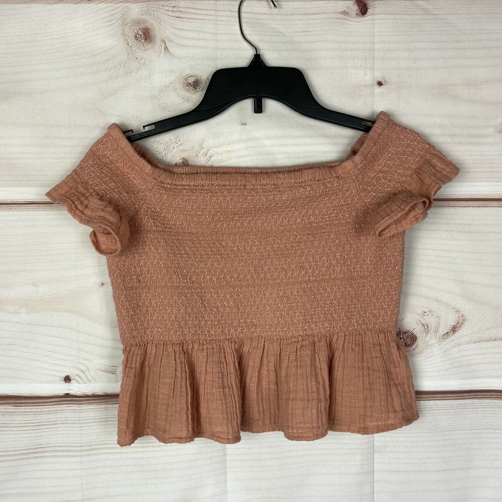 American Eagle Top Womens Small Pink Smocked Off The Shoulder Gauze Woven Blouse